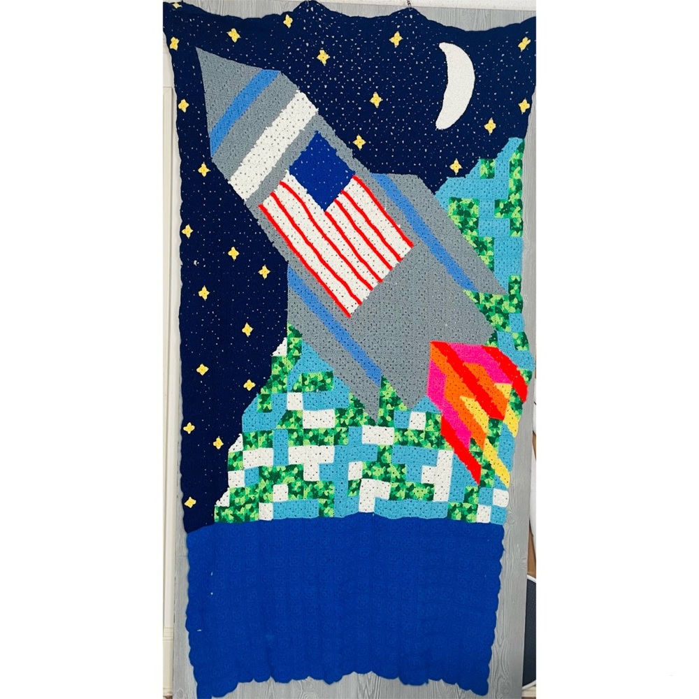 Large handmade granny square pixilated crochet rocket ship space throw blanket